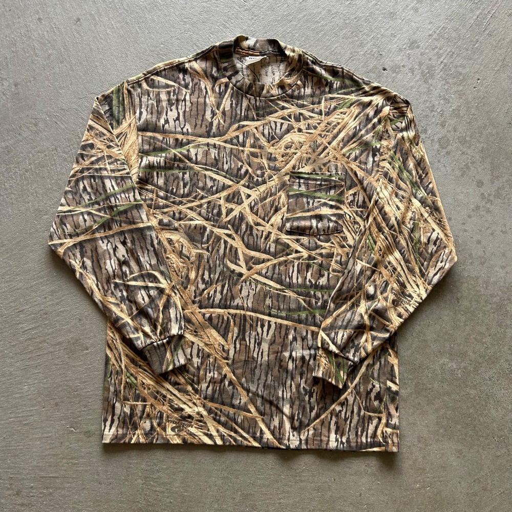 Vintage 90s Jerzees Camo Long Sleeve Shirt Size Large Brown Shadow Grass Pocket